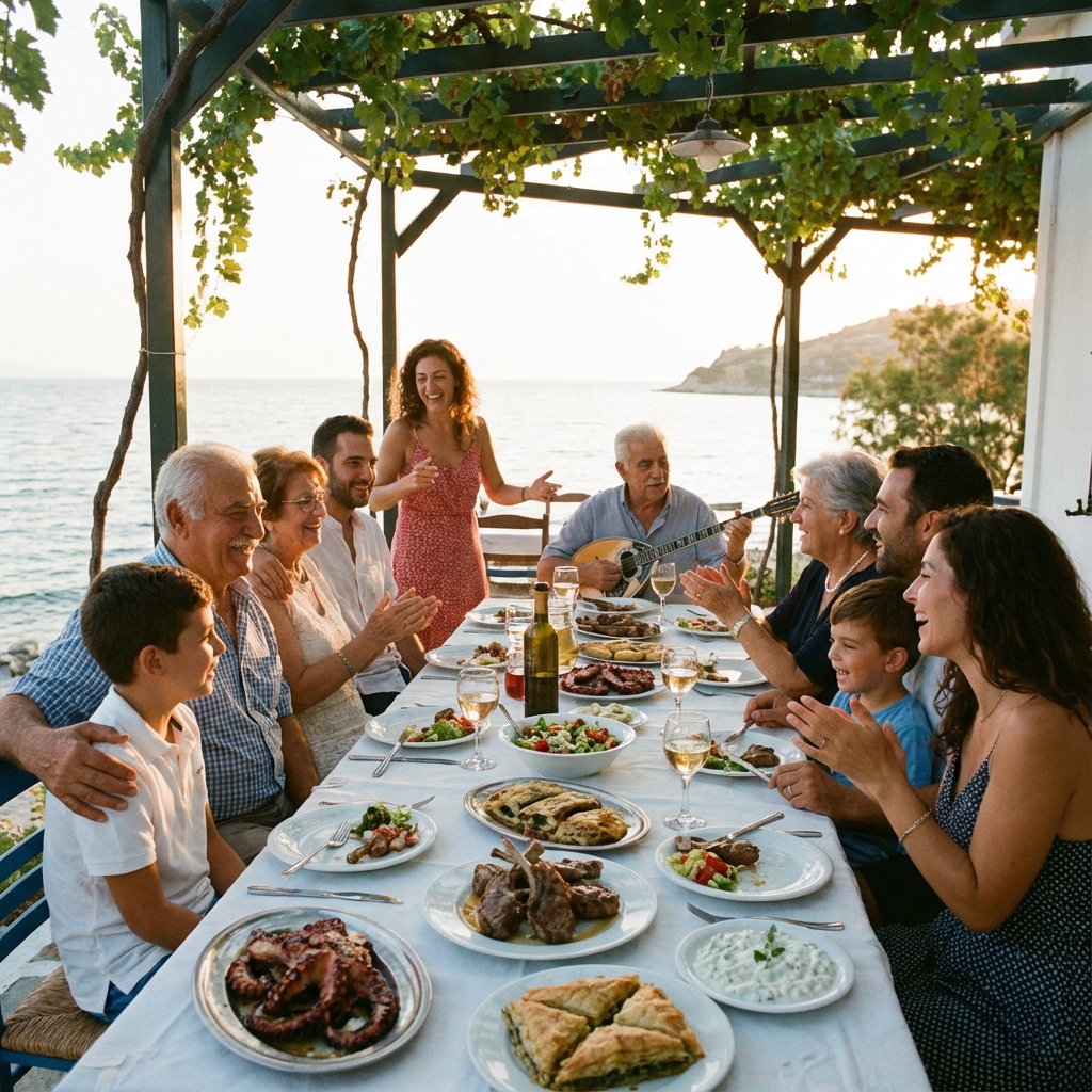 Greek family laughing and eating together outdoors